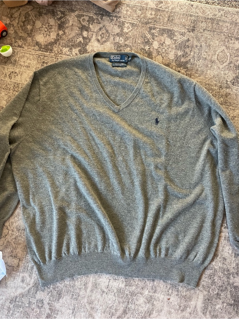 Polo by Ralph Lauren V-Neck Sweater in Olive Green with Navy Logo